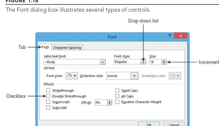 FIGURE 1.16The Font dialog box illustrates several types of controls.