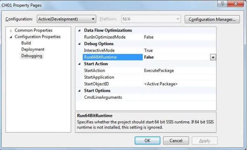 Figure 1-24. Setting the 64-bit runtime in SSIS