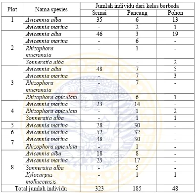 Tabel 6  Jumlah sebaran mangrove pada luasan 800 m2 berdasarkan perbedaan kelas pada sub stasiun penelitian C6 