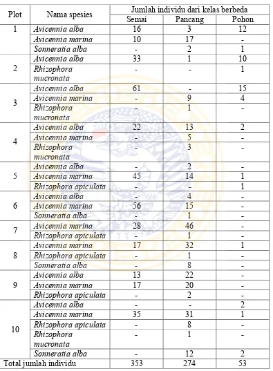 Tabel 7  Jumlah sebaran mangrove pada luasan 1000 m2 berdasarkan perbedaan kelas pada sub stasiun penelitian C7 