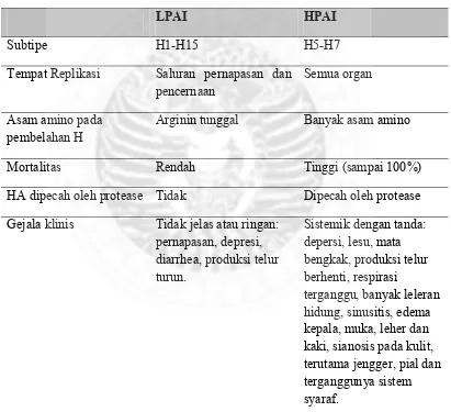 Tabel 2.1 Perbandingan Antara LPAI dan HPAI  