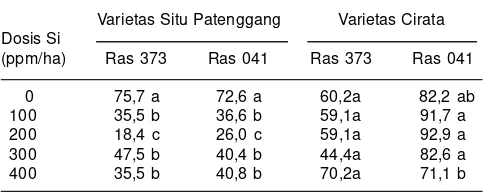 Tabel 4. Intensitas serangan penyakit blas daun ras 373 dan 041pada varietas Situ Patenggang dan Cirata.