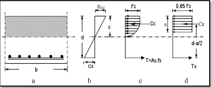 Gambar 2.3  Distribusi tegangan dan regangan pada penampang plat : 