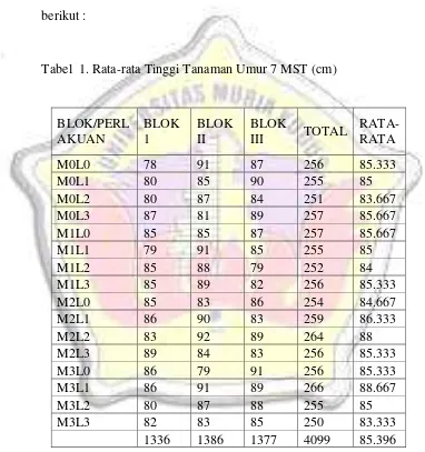 Tabel  1. Rata-rata Tinggi Tanaman Umur 7 MST (cm) 