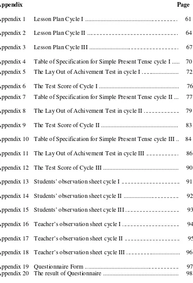 Table of Specification for Simple Present Tense cycle I .....    70 