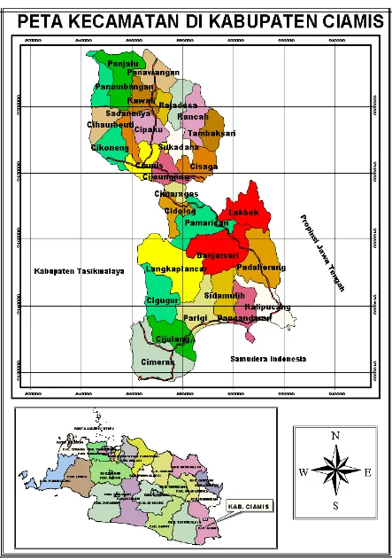 Gambar 1. Lokasi Penelitian di Kabupaten Ciamis    Sumber : Bakosurtanal (Peta Rupa Bumi Kabupaten Ciamis 2003)      