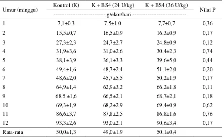 Tabel 1. Konsumsi pakan ayam KUB dengan pemberian enzim BS4 selama 12 minggu 