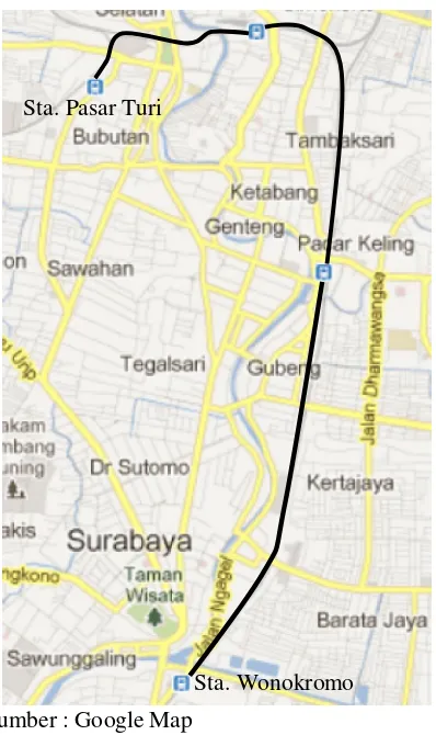 Gambar 1.1 Rute Stasiun Wonokromo – Stasiun Surabaya Pasar Turi. 