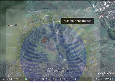 Gambar 1. Foto satelit stasiun penelitian di Sungai Kromong Pacet Mojokerto. 