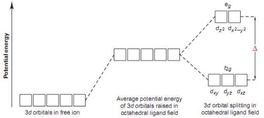 Gambar tersebut memperlihatkan bahwa 5 orbital  dalam membentuk kompleks dibandingkan ion logam bebas, tapi energi orbital d memiliki energi yang lebih tinggi d dibagi lagi menjadi 2 dimana 2 buah orbital lebih tinggi dari yang lainnya