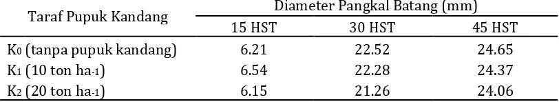 Tabel 3.Rata-Rata Diameter Pangkal Batang Jagung Umur 15, 30 dan 45 HST Akibat Pengaruh Pupuk Kandang