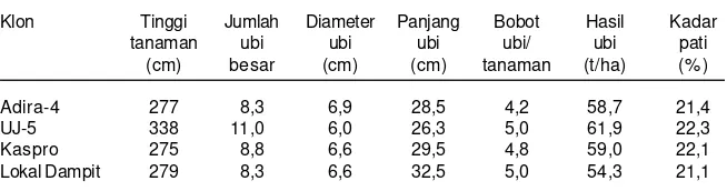 Tabel 5. Rata-rata tinggi tanaman, jumlah umbi, diameter, panjang, bobot umbi/tanaman, hasilubi dan kadar pati beberapa varietas ubikayu di KP Genteng, 2008.