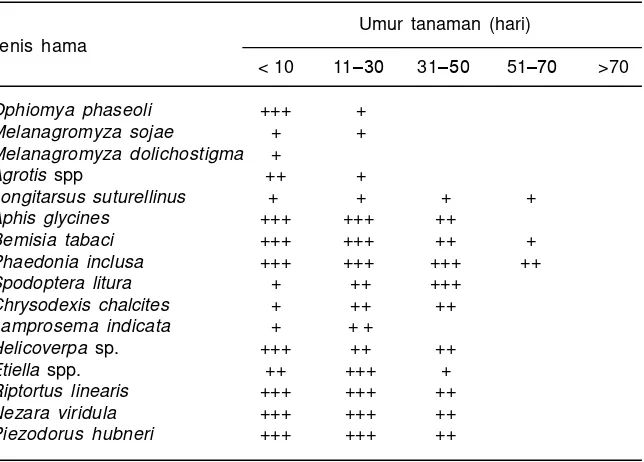 Tabel 1. Hama hama penting dan pola infestasi hama selama pertumbuhantanaman kedelai.