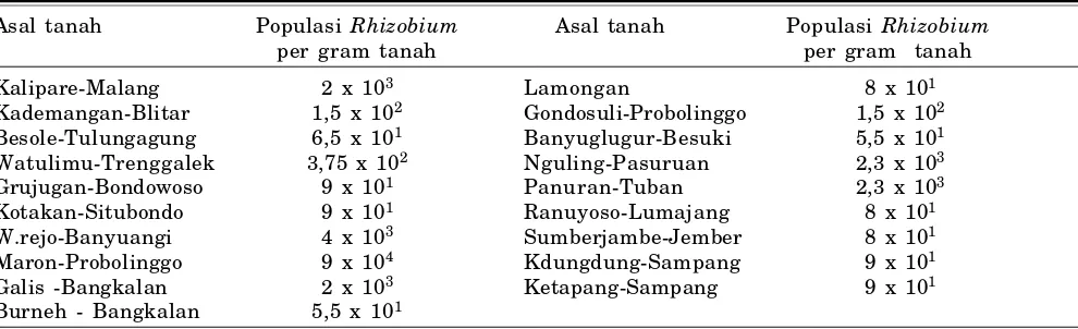 Tabel 18. Populasi Rhizobium endogen (alami) lahan kering Alfisol dari beberapa daerah di Jawa Timur