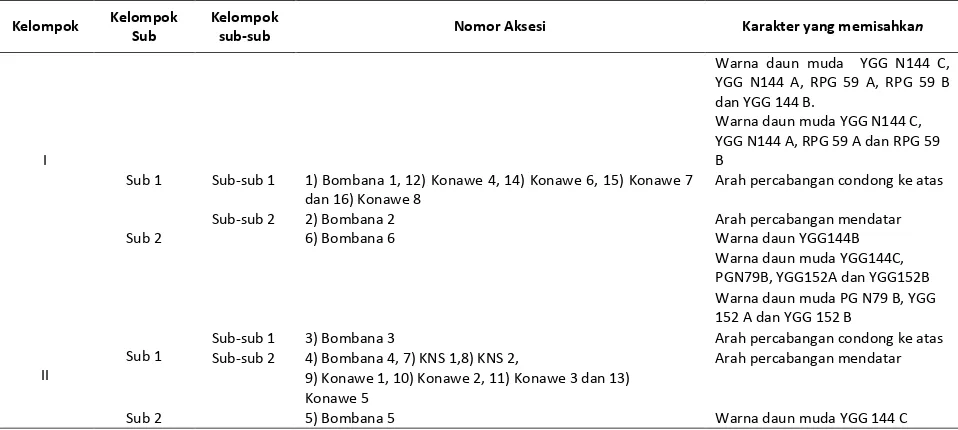 Tabel 2. Pemisahan kelompok antar aksesi jambu mete pada karakter kualitatif. Table 2