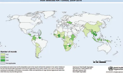 Fig. 1. Countries (n=59) monitoring and reporting one or more EWI of HIVDR from selected ART clinics, 2004–2014