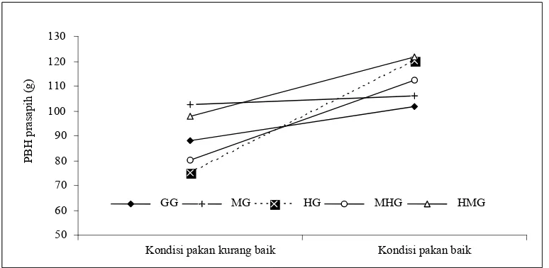 Gambar 4. Rataan pertambahan bobot anak prasapih (g/hari) dari rumpun domba yang berbeda berdasarkan kondisi pakan 