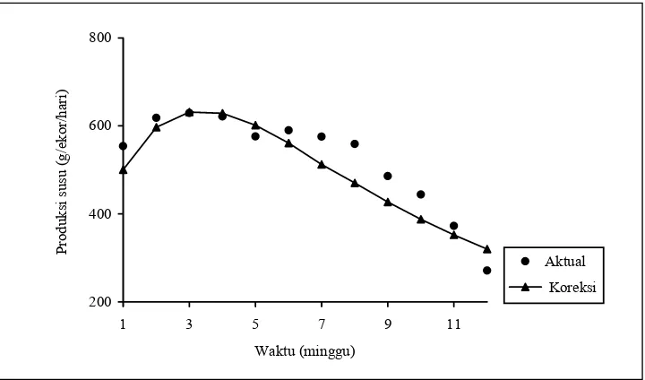 Gambar 1. Produksi susu harian selama laktasi (aktual vs koreksi) 
