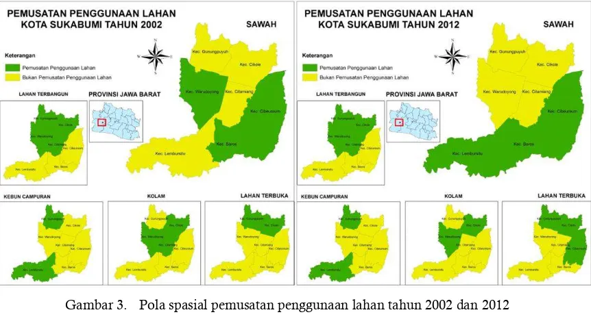 Gambar 3. Pola spasial pemusatan penggunaan lahan tahun 2002 dan 2012 