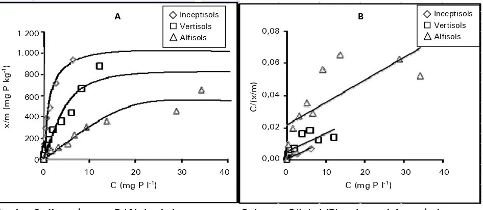 Figure 3. Soil sorption (A) and relationship between C and C/(x/m) (B) curves of Inceptisols, Vertisols, 
