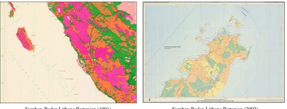 Figure 2. Gambar 2. Contoh peta AEZ Sumatera skala 1:1.000.000 (kiri)  dan Sulawesi Utara skala 1:250.000 (kanan) Examples of AEZ Maps of Sumatra, scale 1:1,000,000 (left), and North Sulawesi, scale 1:250,000 (right) 