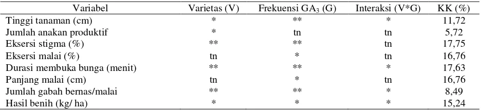 Tabel 1. Hasil sidik ragam pengaruh perlakuan frekuensi aplikasi GA3 dan galur tetua padi hibrida pada beberapa variabel yang diamati, KP