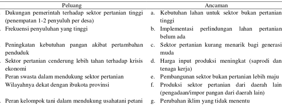 Tabel 2. Faktor-faktor peluang dan ancaman (eksternal) dalam pembangunan pertanian di Kabupaten Bantul, 2015 