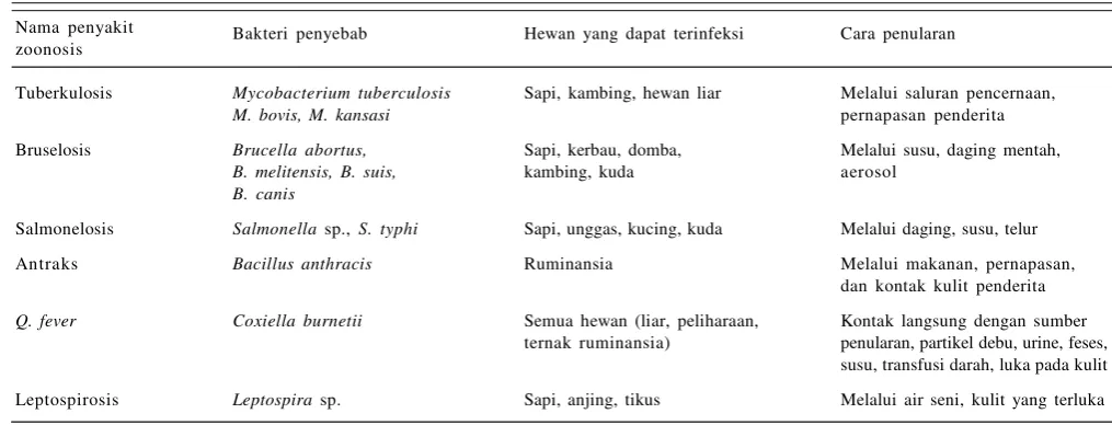 Tabel 1. Ternak yang terinfeksi  zoonosis yang disebabkan oleh bakteri.