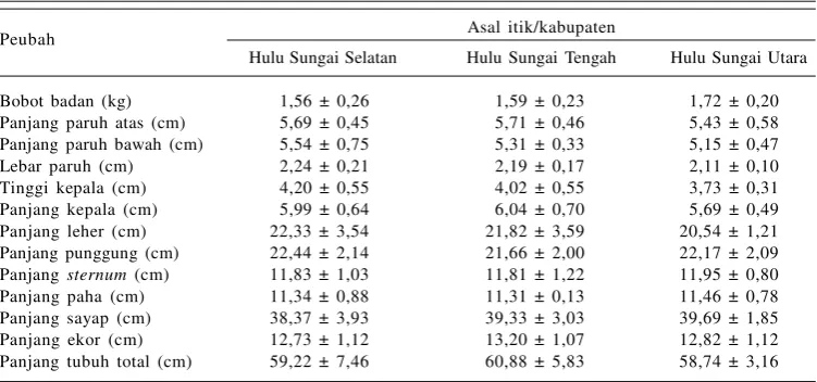 Tabel 5.  Keragaan ukuran tubuh itik alabio di tiga kabupaten di Kalimantan Selatan.