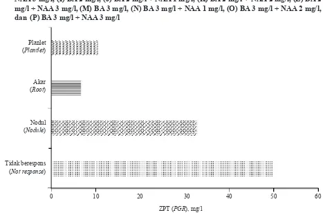 Gambar 2. Keragaan eksplan batang semu nenas kultivar Smooth Cayenne yang terenkapsulasi (1 bulan masa inkubasi) (Performance of encapsulated core explants of pineapple cultivar Smooth Cayenne, 1 month incubation period): (A) kontrol (check), (B) NAA 1 mg/l, (C) NAA 2 mg/l, (D) NAA 3 mg/l, (E) BA 1 mg/l, (F) BA 1 mg/l + NAA 1 mg/l, (G) BA 1 mg/l + NAA 2 mg/l, (H) BA 1 mg/l + NAA 3 mg/l, (I) BA 2 mg/l, (J) BA 2 mg/l + NAA 1 mg/l, (K) BA 2 mg/l + NAA 2 mg/l, (L) BA 2 mg/l + NAA 3 mg/l, (M) BA 3 mg/l, (N) BA 3 mg/l + NAA 1 mg/l, (O) BA 3 mg/l + NAA 2 mg/l, dan  (P) BA 3 mg/l + NAA 3 mg/l