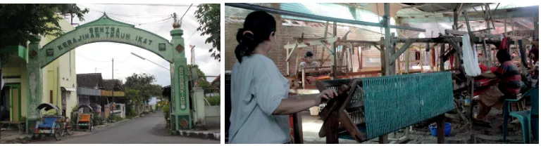 Gambar 1.1: Kawasan sentra kerajinan tenun ikat Bandar Kidul dan teknik pembuatan tenun ikat (Sumber : 
