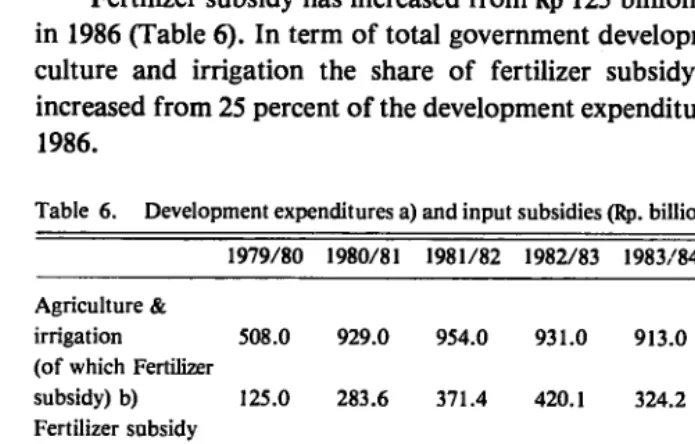 Table 6. Development expenditures a) and input subsidies (Rp. billions). 