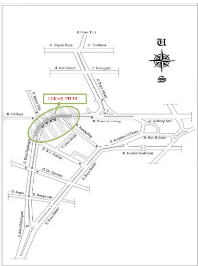 Gambar 1.1 Peta lokasi studi di Jalan Diponegoro – Jalan Pasar Kembang 