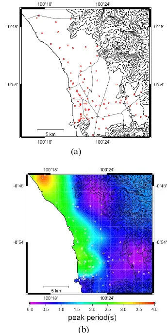 Fig. 2 Observation sites and results of HVSR.(a) Microtremor single observation sites at every district in Padang, (b) Distributed HVSR ratio