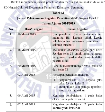 Tabel 4.1 Jadwal Pelaksanaan Kegiatan Penelitian di SD Negeri Cukil 01  