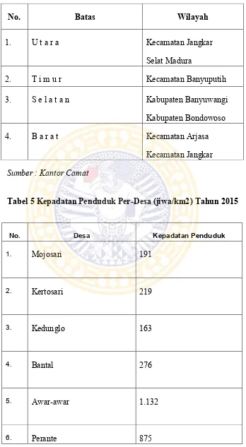 Tabel 5 Kepadatan Penduduk Per-Desa (jiwa/km2) Tahun 2015 