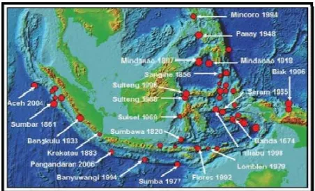 Gambar 6. Peta kejadian bencana tsunami di Indonesia dalam kurun waktu antara tahun 1801 – 2006 (Sumber : Maarif,2010) 