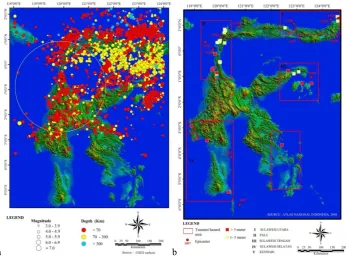 Fig. 1. (a) The epicenter distribution within 200 km of  Palu City Province and its vicinity for the years 1968–2014 are compiled from USGS website; (b) Tsunami hazard map showing that along the archipelago of Sulawesi