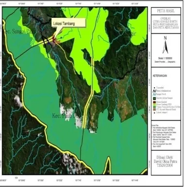 Gambar 1. Hasil Overlay Peta Kawasan Hutan dan Peta Pertambangan serta Data  Satellite Google Earth 