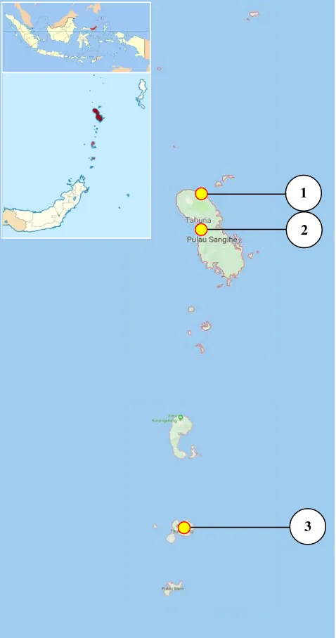 Figure 1. The research sites in the North Tabukan (1) and East Tagulandang (3), Sitaro Islands District, North Sulawesi Province, Tahuna (2) sub-districts of Sangihe Islands District and North Indonesia 