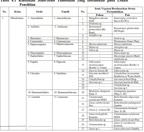 Tabel 4.1 Klasifikasi Jenis-Jenis Tumbuhan yang Ditemukan pada Lokasi Penelitian   