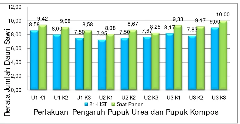 Gambar 3. Grafik Rata-rata Jumlah Daun Tanaman Sawi (Helai) akibat Pengaruh Penggunaan Dosis Pupuk Urea dan Dosis Pupuk Kompos