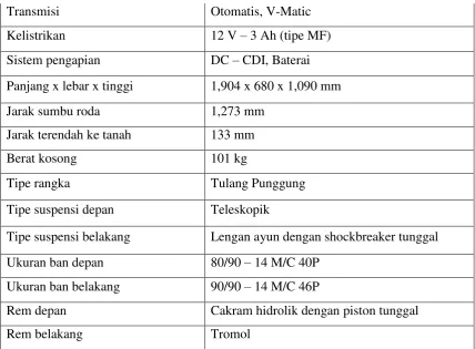 Tabel 3.1 Spesifikasi kendaraan 