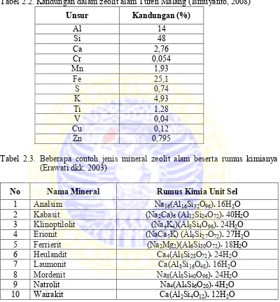 Tabel 2.2. Kandungan dalam zeolit alam Turen Malang (Ismuyanto, 2008) 