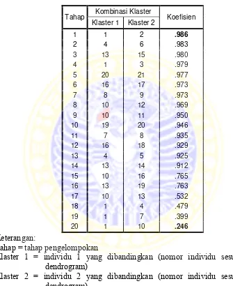Tabel 4.3. Tahapan pengelompokan antara 21 sampel tanaman kana (Canna sp.) 