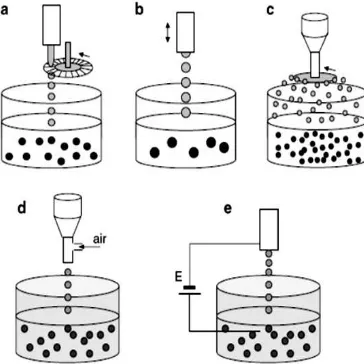 Gambar 1. Cara pembentukan tetesan mikrokapsul (a) dengan pipet atau vibrating nozzle, (b) tetesan dijatuhkan ke dalam larutan CaCl2 0,05-1,5 M, (c) dengan atomizing disk, (d) aliran udara coaxial, dan (e) elektrostatik potential (Zuidam and Shimoni, 2010)   