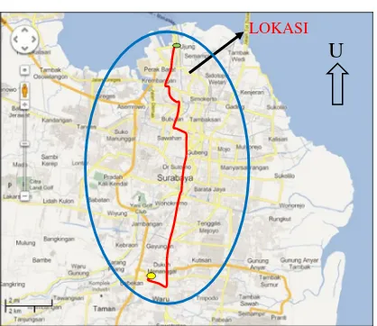 Gambar 1.1.  Peta Lokasi Penelitian halte di sepanjang rute Purabaya-  Tanjung Perak (via Jalan Raya Darmo di kota Surabaya)