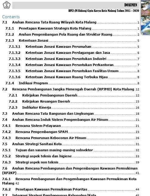 Tabel 7.1 Arahan RTRW Kota Malang untuk Bidang Cipta Karya ...............................................