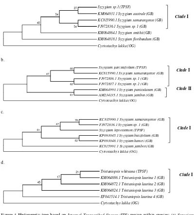 Figure 4 Phylogenetic tree based on Internal Transcribed Spacer (ITS) region within spesies: (a) Syzygium sp.1 (b) Syzygium garciniifolium (c) Syzygium leptostemon and (d) Tristaniopsis whiteana using Neighbor-Joining (NJ) method 1000x (TPSF : Tripa Peat Swamp Forest, GB  : GenBank, OG  : Out Group) 