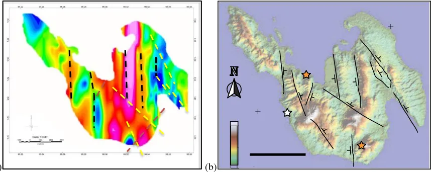 Gambar 4 (a) Peta kontur intensitas anomali medan magnetik total dan (b) pola kelurusan patahan yang terdapat di Pulau Weh berdasarkan pola kelurusan (Blanco, 2016)
